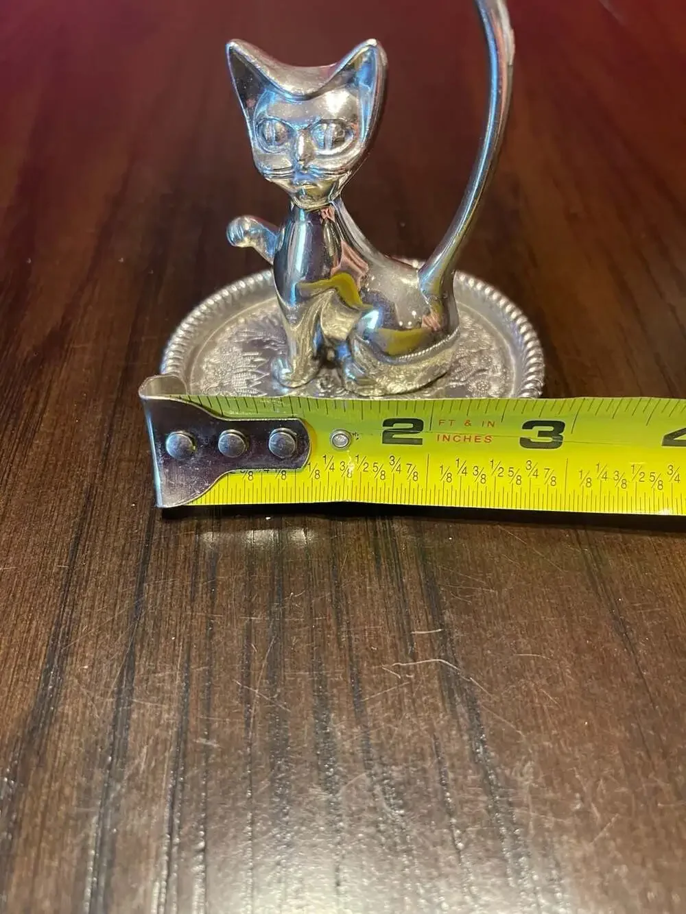 Vintage Kitty Cat Ring Jewelry Holder Tray Floral Engrave Base Midcentury Silver